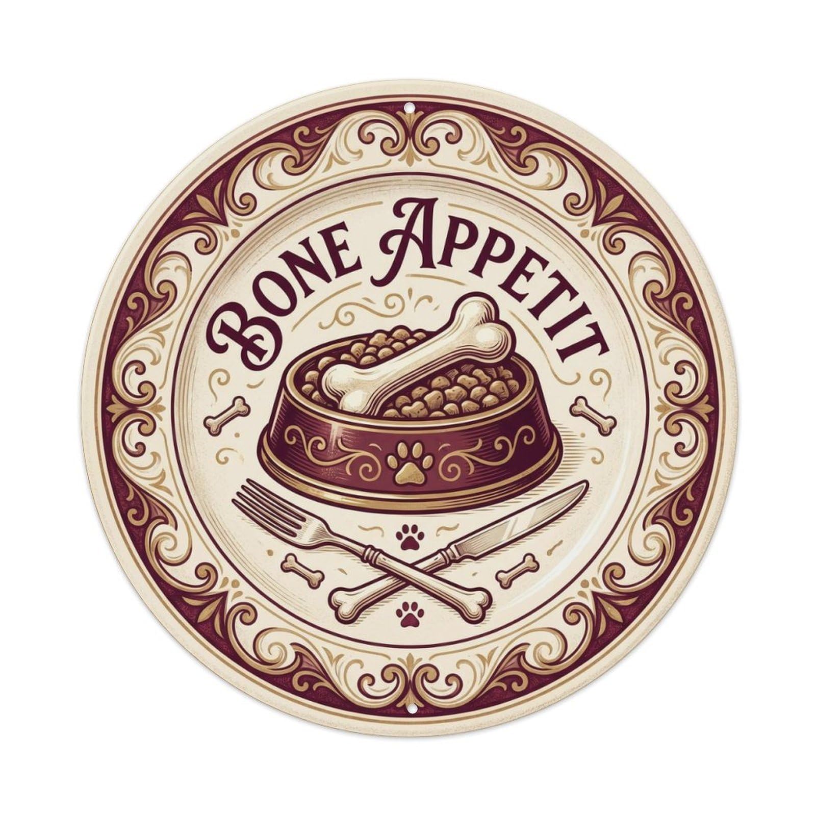 Vintage Bone Appetit Dining Area Metal Tin Sign Plaque Wall Decor for Cafe, Club, Garden Round Metal Poster 8x8Inch