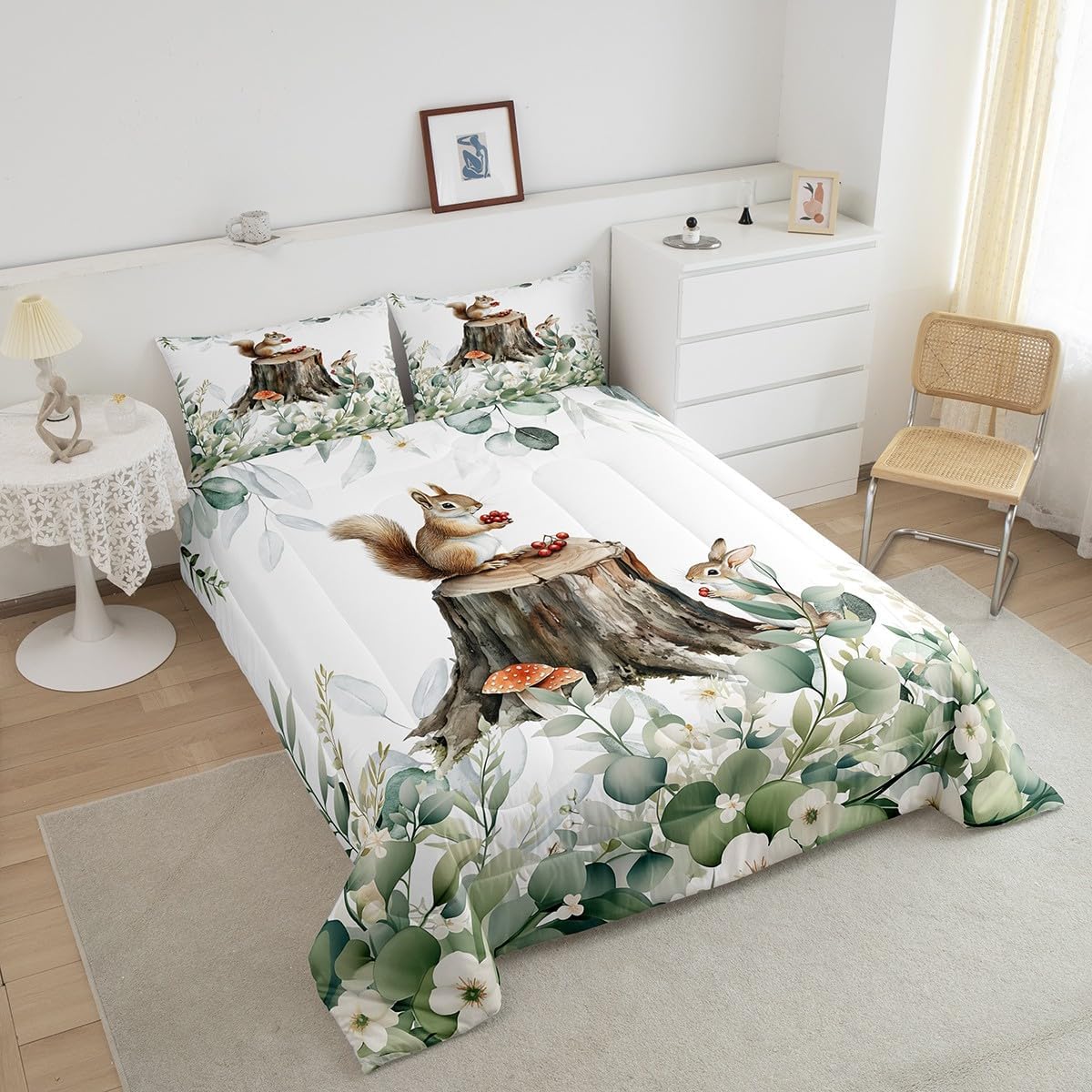 Erosebridal Kids Cute Animal Toddler Bedding Sets for Girls Boys Cartoon Squirrel Comforter Set, Spring Eucalyptus Bedding Comforter Sets Leaves Duvet Insert, Kawaii Jungle Animal Down Comforter