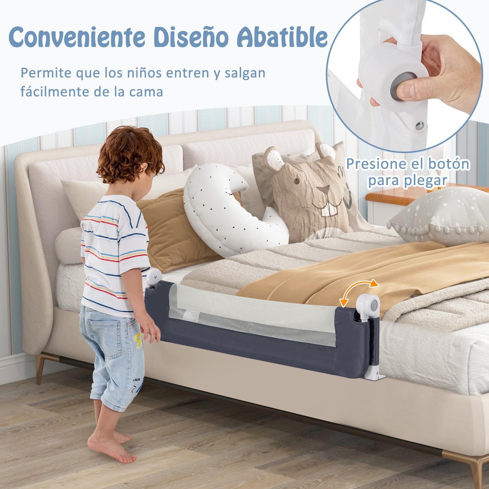 GOPLUS Barrera Seguridad Niños Cama, Barandilla Cama Plegable para Bebés para Cama Infantil, Camas Gemelas, Barrera Cama para Niños con Espuma Suave y Mecanismo Abatible (Gris,120 x 39 x 42,5 CM)