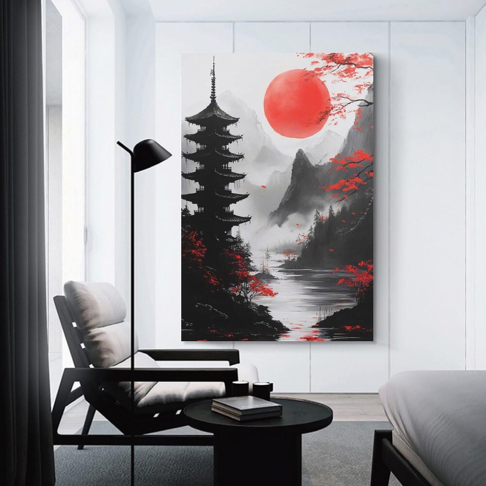 Junmoney Japanese Pagoda with Red Sun Decorative Wall Artwork 24x36inch(60x90cm), for Front Hall, Corridor Or Welcome Spaces, Decorative Wall Art for Narrow Spaces