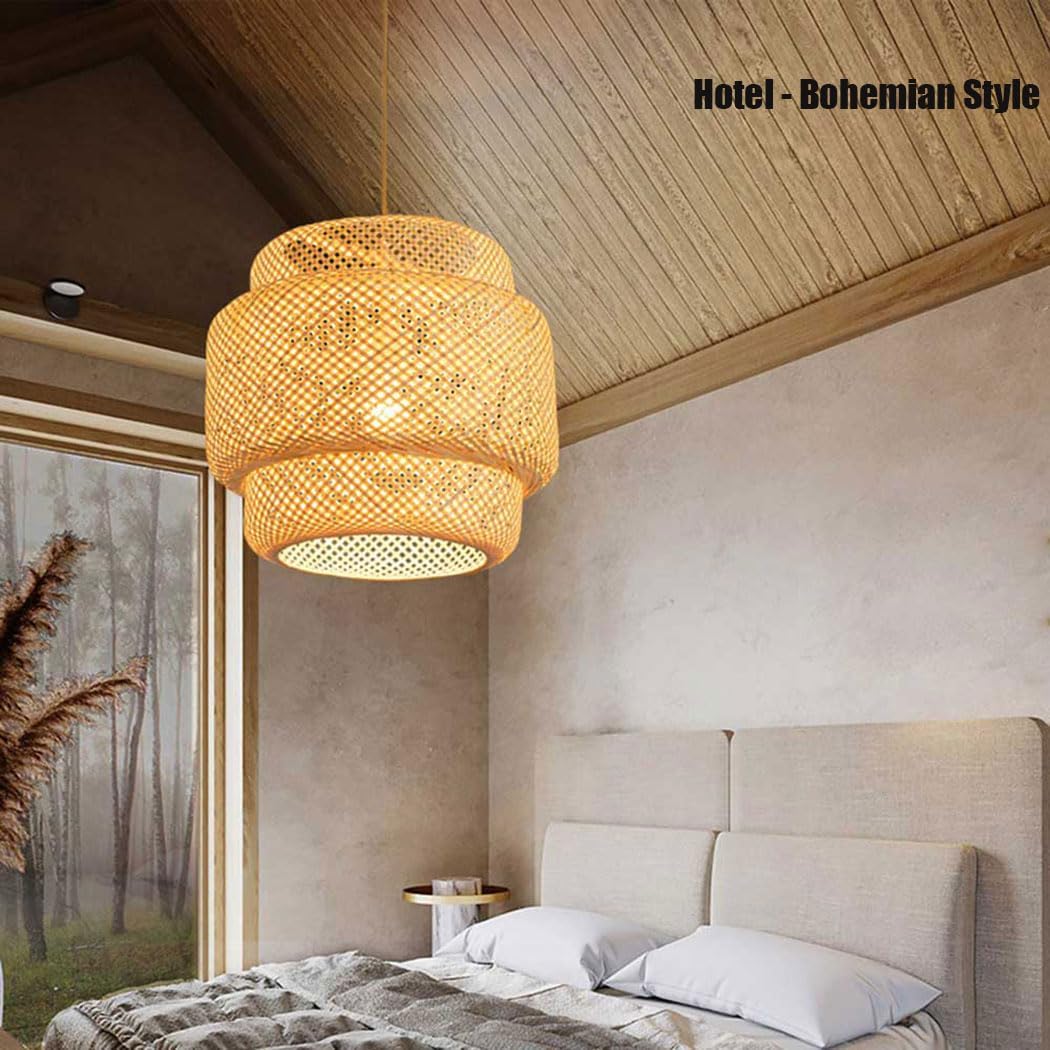 11.8" Rattan Hanging Lamp Hand Woven Bohemian Pendant Lamp Nursery Lights Bedroom Kitchen Island Coastal Pendant Lighting Floor Lamp Black Wicker Lamp for Dining Room