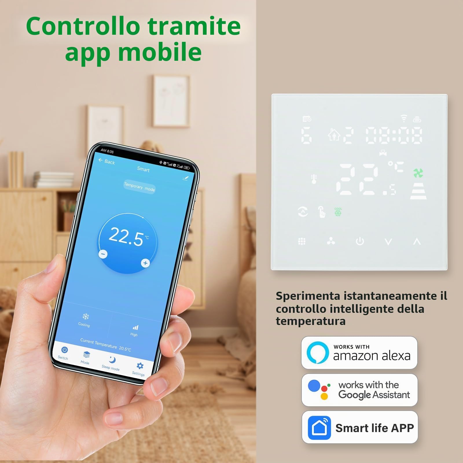 Wengart Termostato Fan Coil WiFi WG607AC, AC230V Max3A 2.4GHz Wi-Fi APP TUYA Quattro Tubi per Aria Condizionata, Compatibile con Alexa Echo/Google Home, Bianco