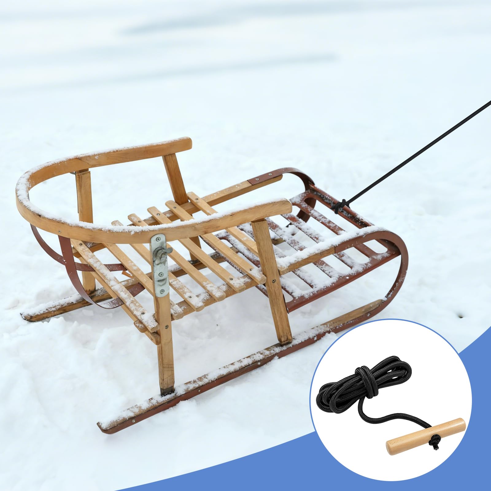 Cuerda de Trineo 1.97m con Mango de Madera, Accesorios de Tracción 5.5mm Negro