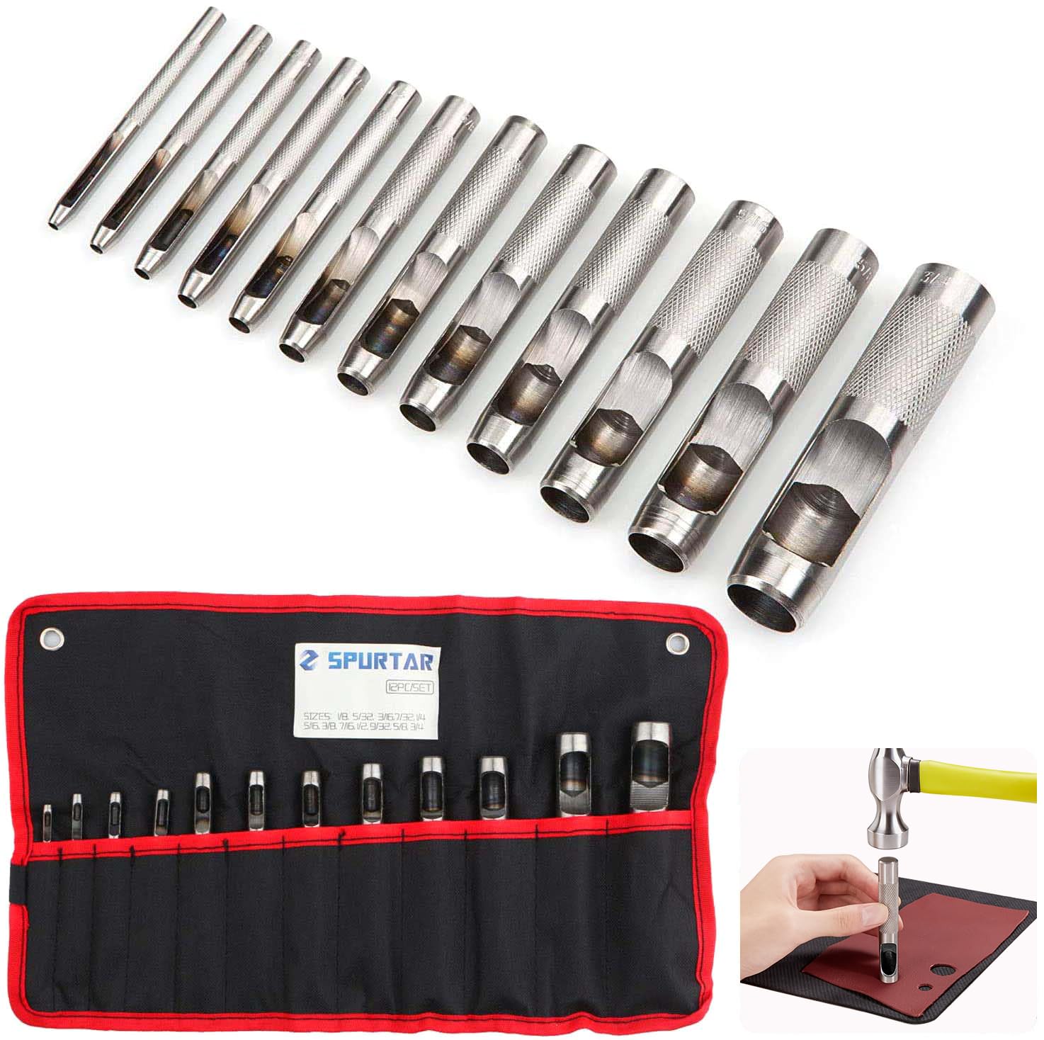 12 PCS Steel Hollow Leather Punch Set 1/8''-3/4''(3-19mm) Heavy Duty Round Hole Punch Set Leather Hole Tool for Watch Cloth Belt Gaskets w/Storage Bag