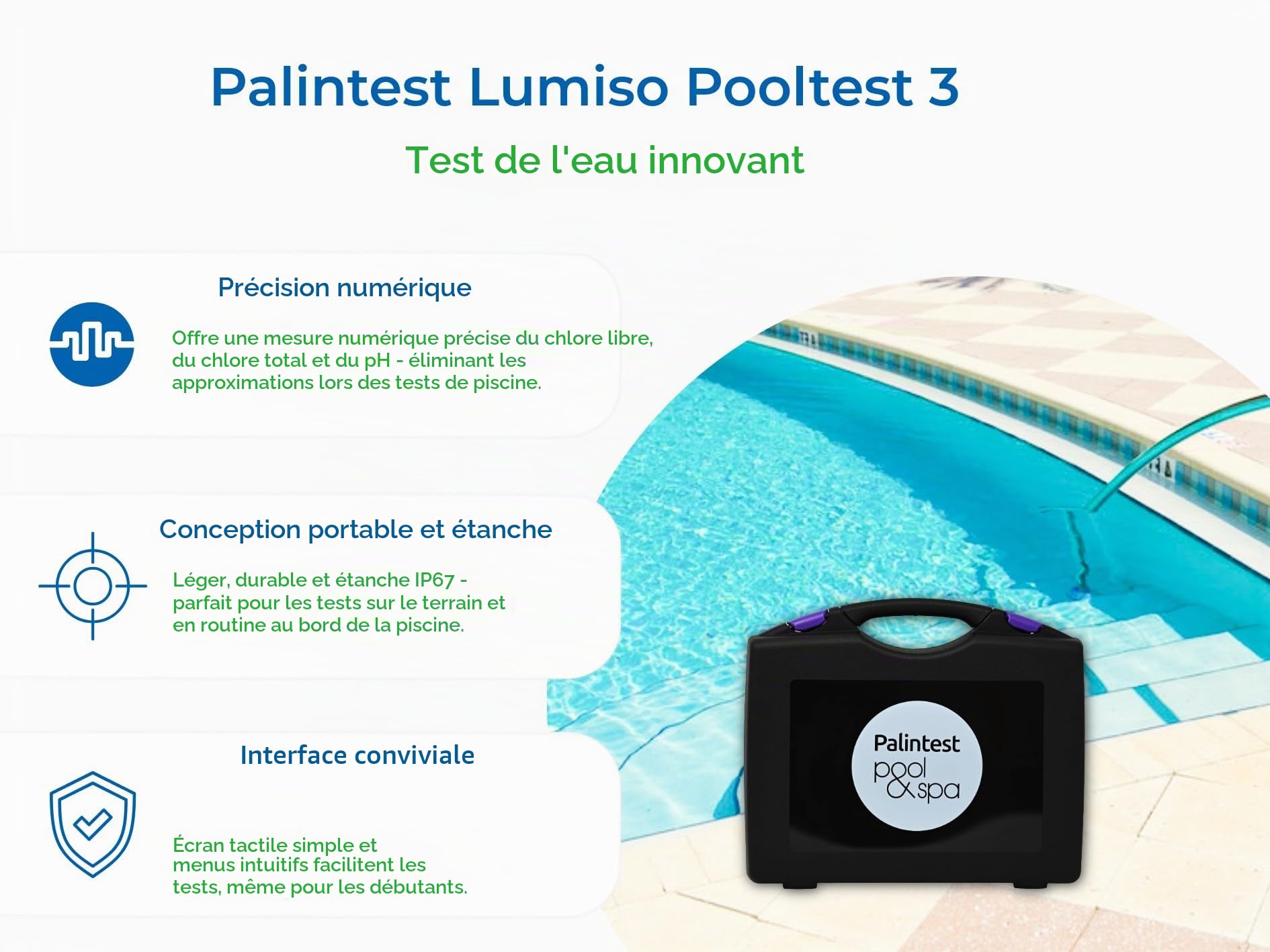 Palintest - Lumiso Pooltest 3 | Teste le chlore, le pH et l'acide cyanurique | Smart Tech avec USB | IP67 | Comprend 3 tablettes de rouge phénol et DPD | Pour piscines et spas, multicolore