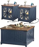 Vista 10 de Juegos de Mesa de Centro Estilo Granja de 3 Piezas, Mesas Auxiliares Grandes con Estación de Carga y Mesa de Centro con Compartimento