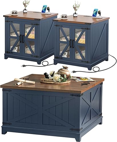 Miniatura 10 de Juegos de Mesa de Centro Estilo Granja de 3 Piezas, Mesas Auxiliares Grandes con Estación de Carga y Mesa de Centro con Compartimento de