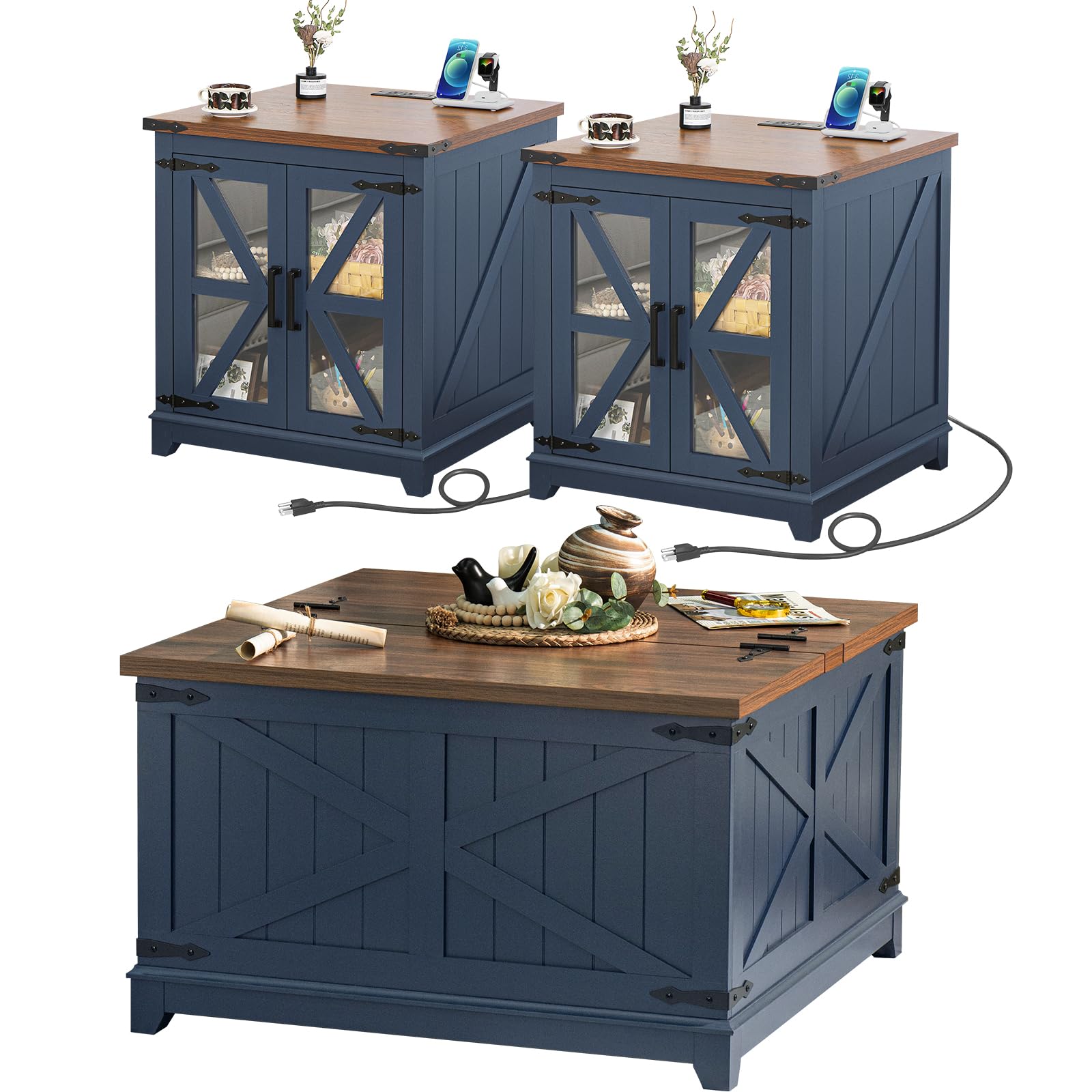 Joaxswe farmhouse coffee table set in blue with hidden storage and charging end tables