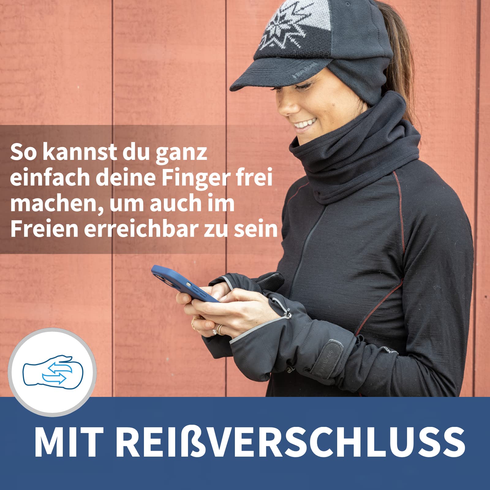 TrailHeads Konvertible Fäustlinge Damen Mit Reißverschluss für den Winter | Laufhandschuhe | Thermohandschuhe | Outdoor Handschuhe - Schwarz