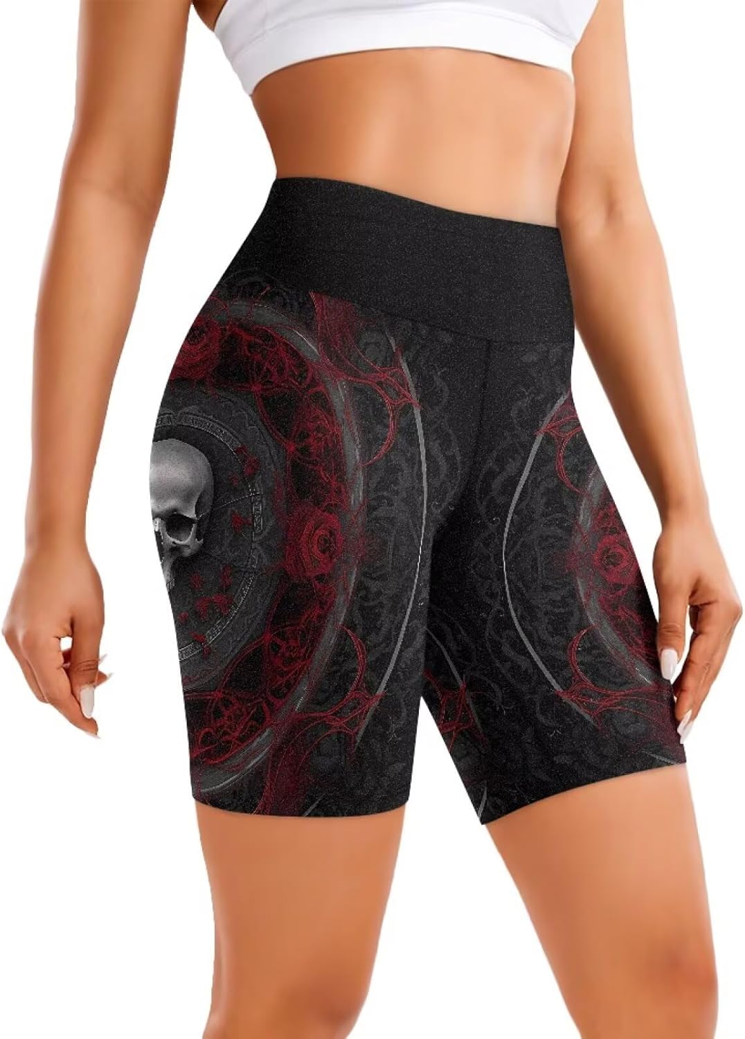 Irisjudy Women's Biker Shorts Sugar Skull Stretchy Gym Workout Yoga Pants Gothic Darkness Rose Bat Plus Size Leggings Short
