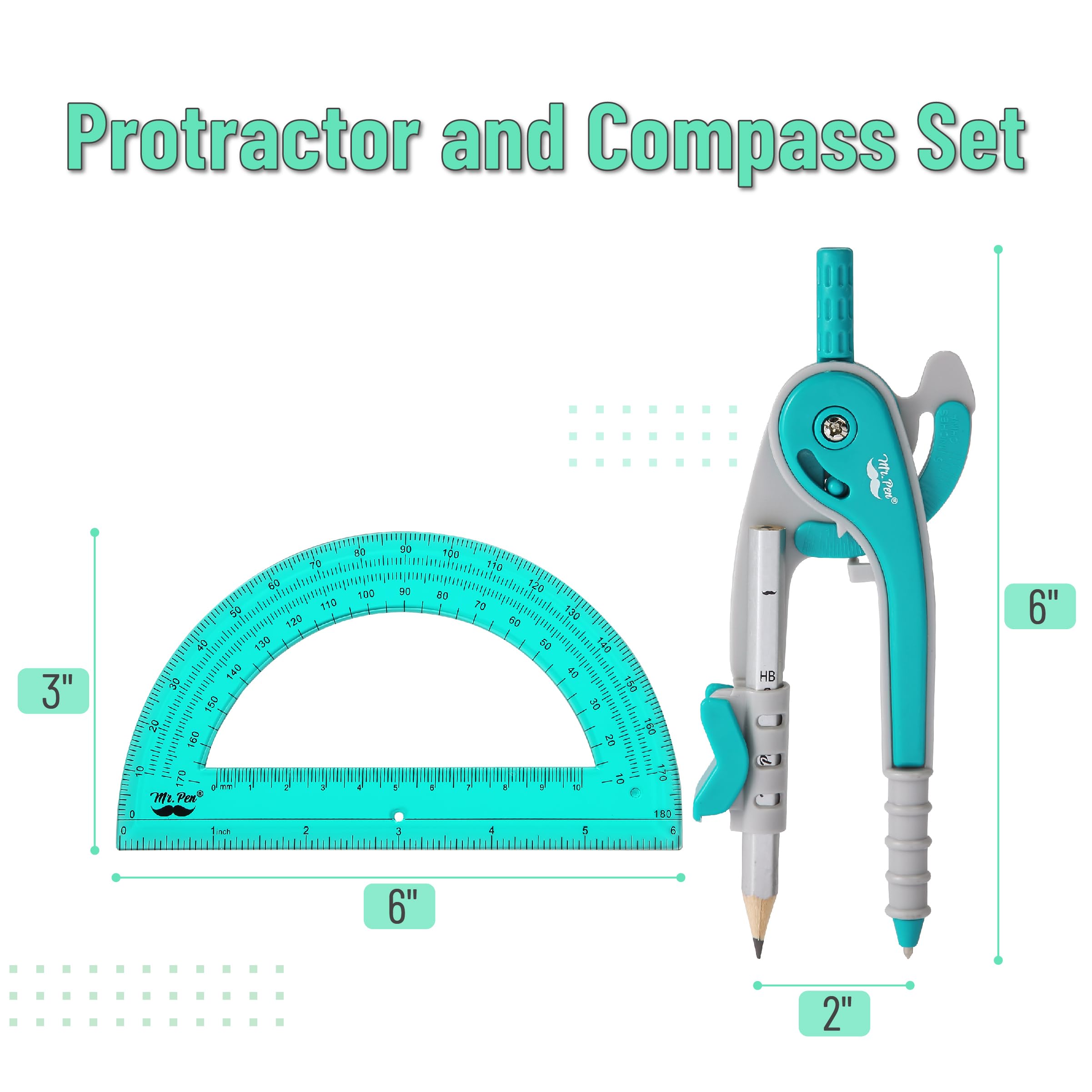 Mr. Pen- Compass and Protractor Set, Green, Compass Geometry Tool, Protractor and Compass Set, Compass Drawing Tool - Image 2