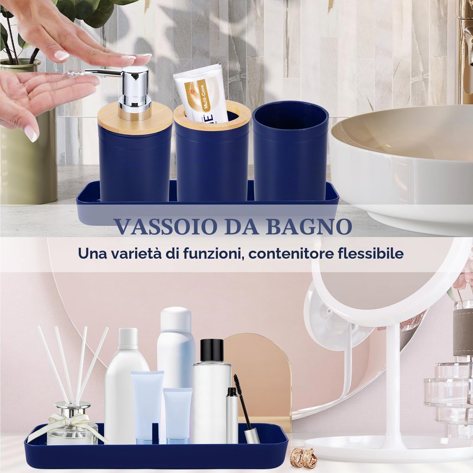 iMucci Set di accessori da bagno blu navy da 8 pezzi, con bidone della spazzatura, portaspazzolino, dispenser di sapone e lozione, set di bicchieri (IZ0124)