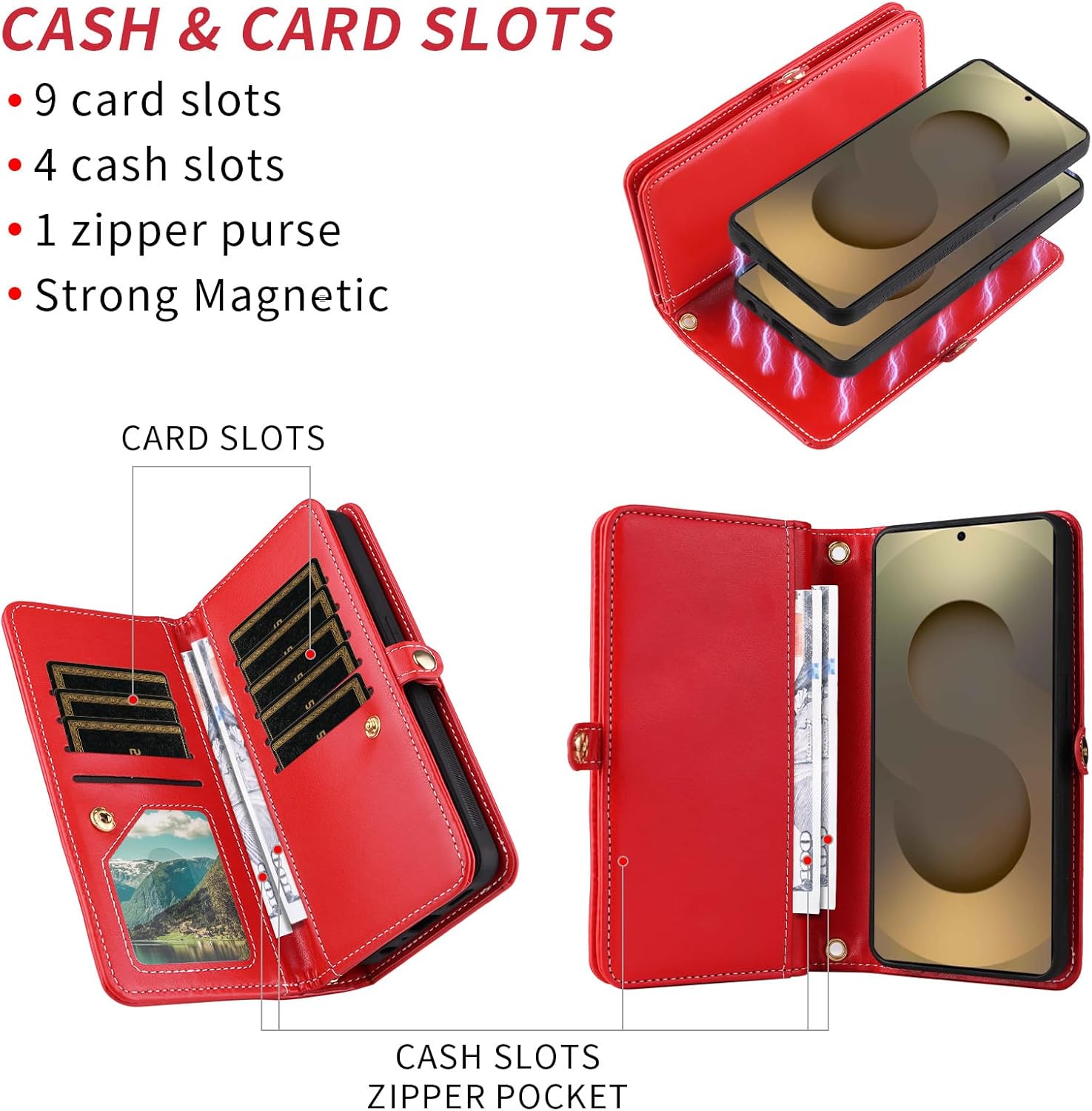 Asuwish Phone Case for Samsung Galaxy S25 Ultra 5G Zipper Wallet Cell Cover with Screen Protector Strap Bling Glitter Flip Card Holder Slot S25Ultra 25S S 25 25Ultra 6.9 2025 Women Men Girls Red