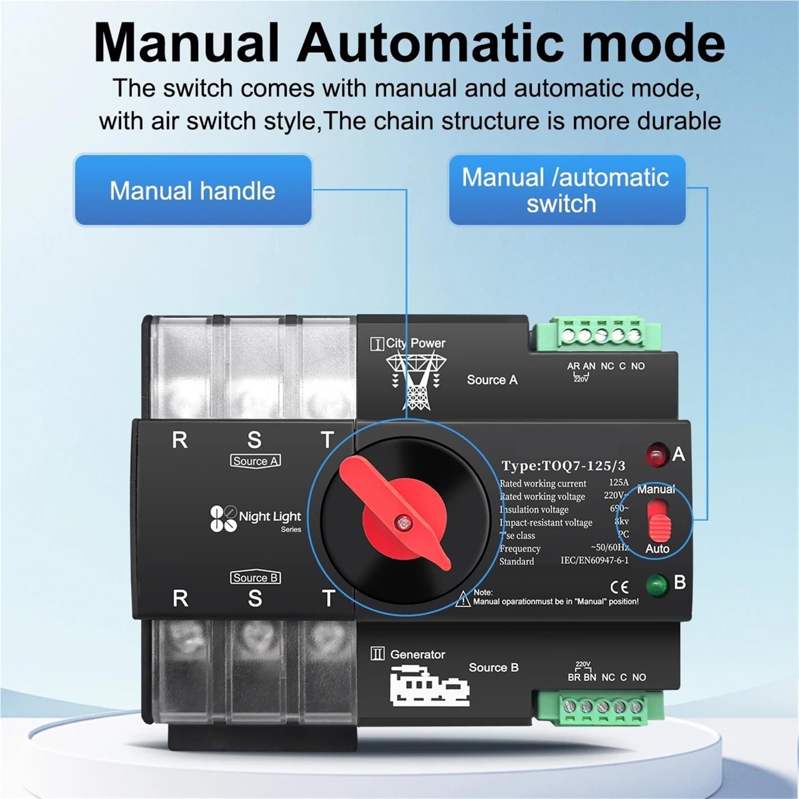 1 pz Din Rail trifase ATS 3P 63 A 100 A 125 A 220 V 230 V Interruttore selettore elettrico di trasferimento automatico a doppia alimentazione senza interruzioni(100A)