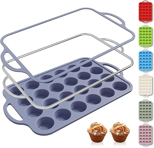 Miniatura 32 de 2 paquetes de 12 tazas de molde para magdalenas de silicona para hornear con marco reforzado de metal, molde para cupcakes de tamaño regular, molde