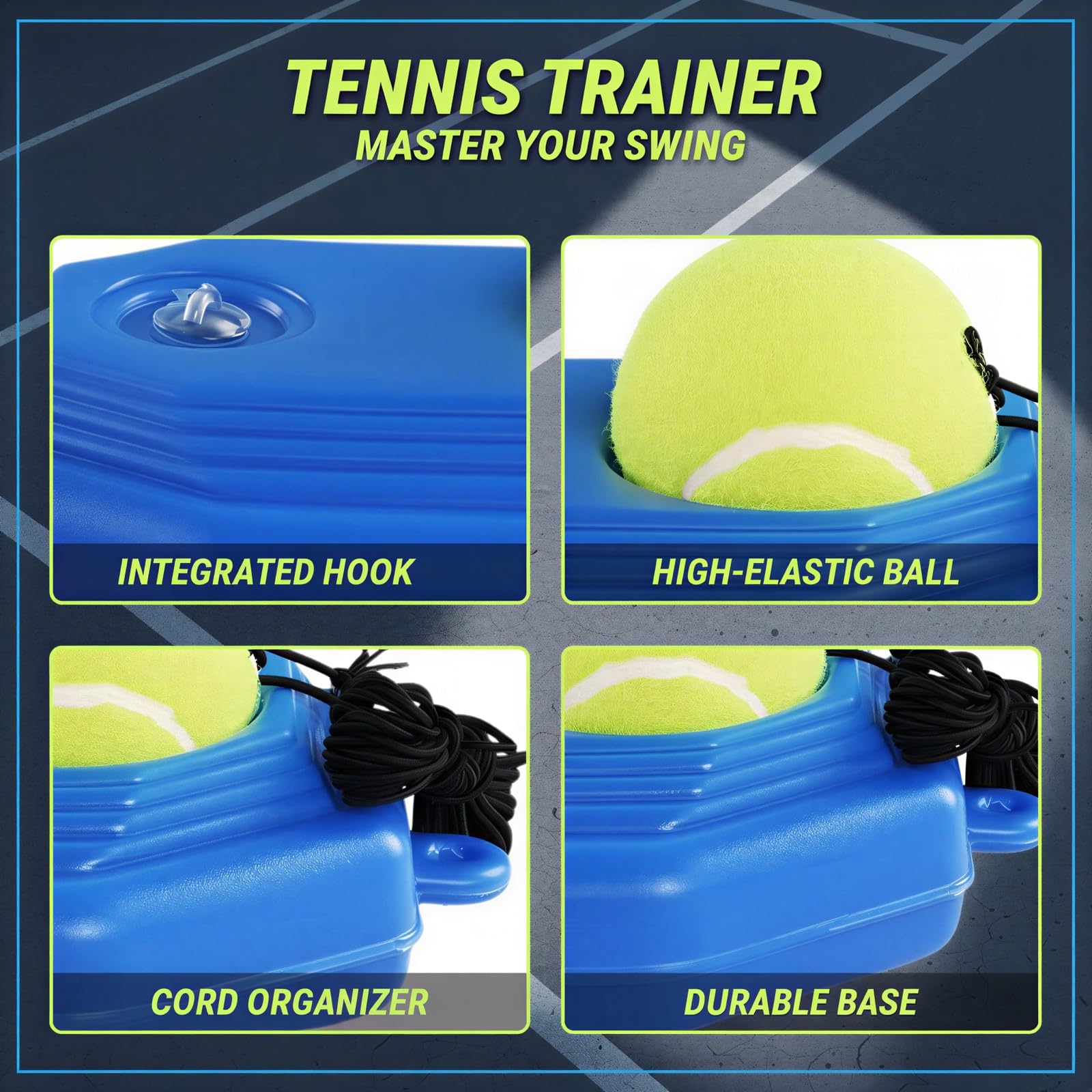 Pelota de tenis de 22,6 x 15 cm, reboteador octogonal con base pesada, pelota de entrenamiento de tenis portátil con cuerda para entrenamiento en solitario para jardín, interior, exterior, pista de