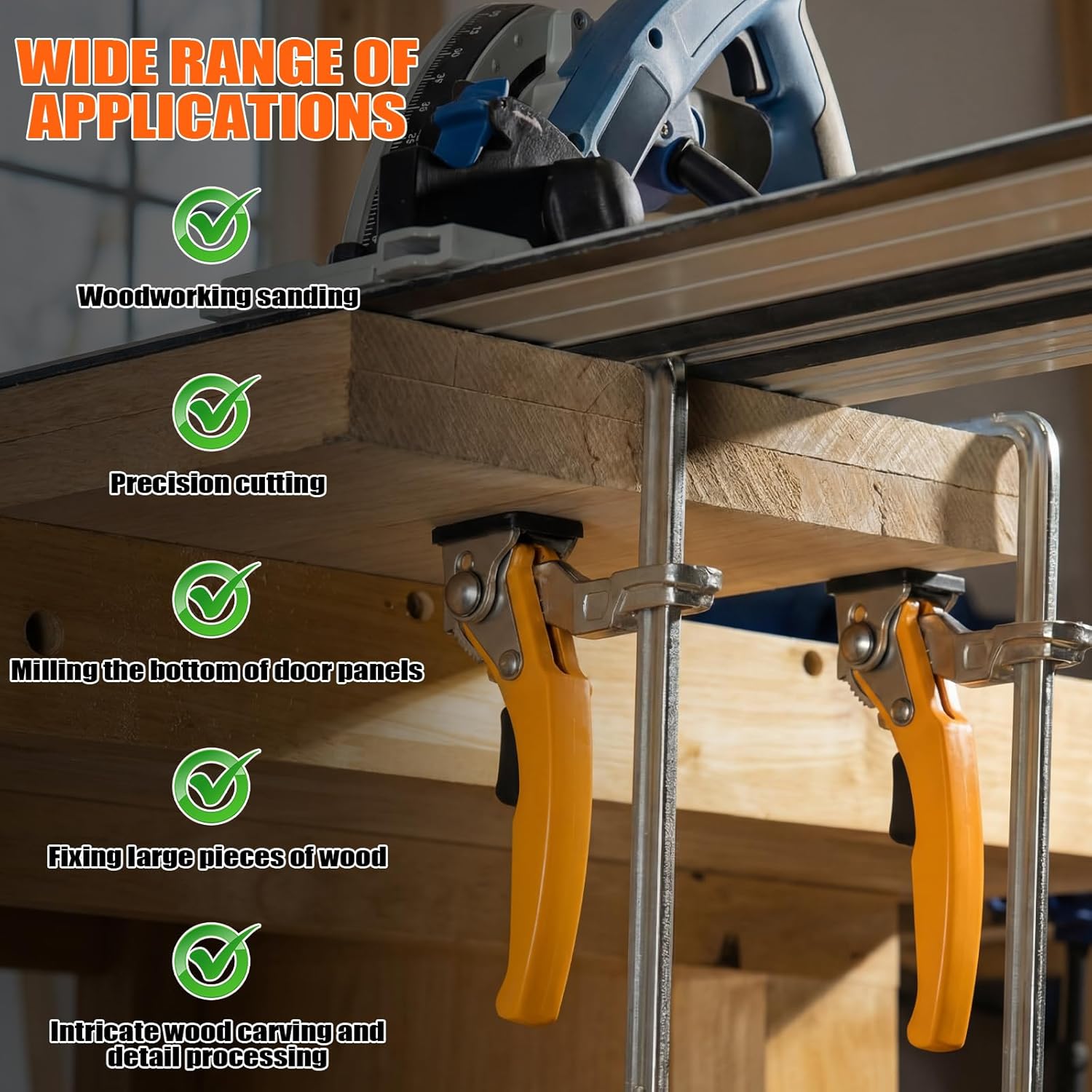 Hicarer 4 Pack Quick Release Ratcheting Table Clamp 7" Capacity x 2-3/8" Throat Depth Track Saw Clamp for MFT and Guide Rail System with Rotating Pressure Pad for Woodworking Precision Cutting Sanding