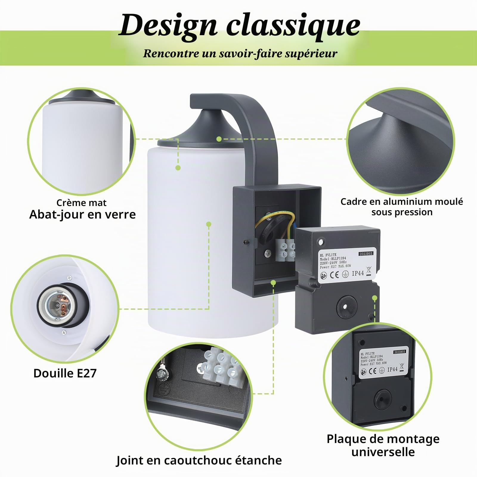 HLFVLITE Lampe Murale Extérieure, Lampe Murale Extérieure Étanche, Lumière De Porche Grise, Éclairage Mural Avec Abat - Jour Blanc Mat Et Douille E27 Pour Garage, Jardin, Terrasse