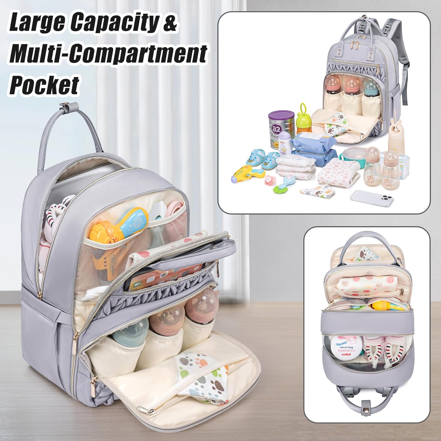 Diaper Bag Backpack,Stylish Baby Diaper Bag,Waterproof Travel Diaper Backpacks Baby Bags with Changing Pad,Stroller Straps,Insulated Pockets (Gray) - Image 6