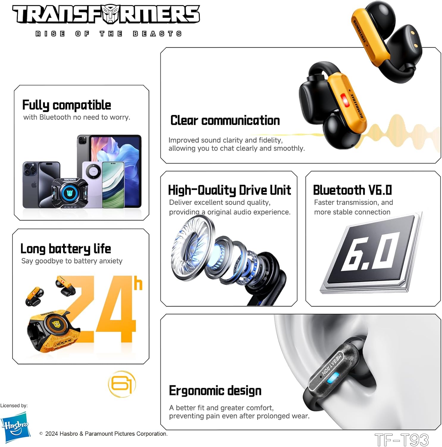 Transformers TF-T93 Ear-Clip True Wireless Bluetooth 6.0 Earbuds with Mic, Zinc Alloy Armor Case, Low Latency Game/Music Modes, Hi-Fi 12mm Drivers, Secure Fit Sports Earphones (Megatron Black)
