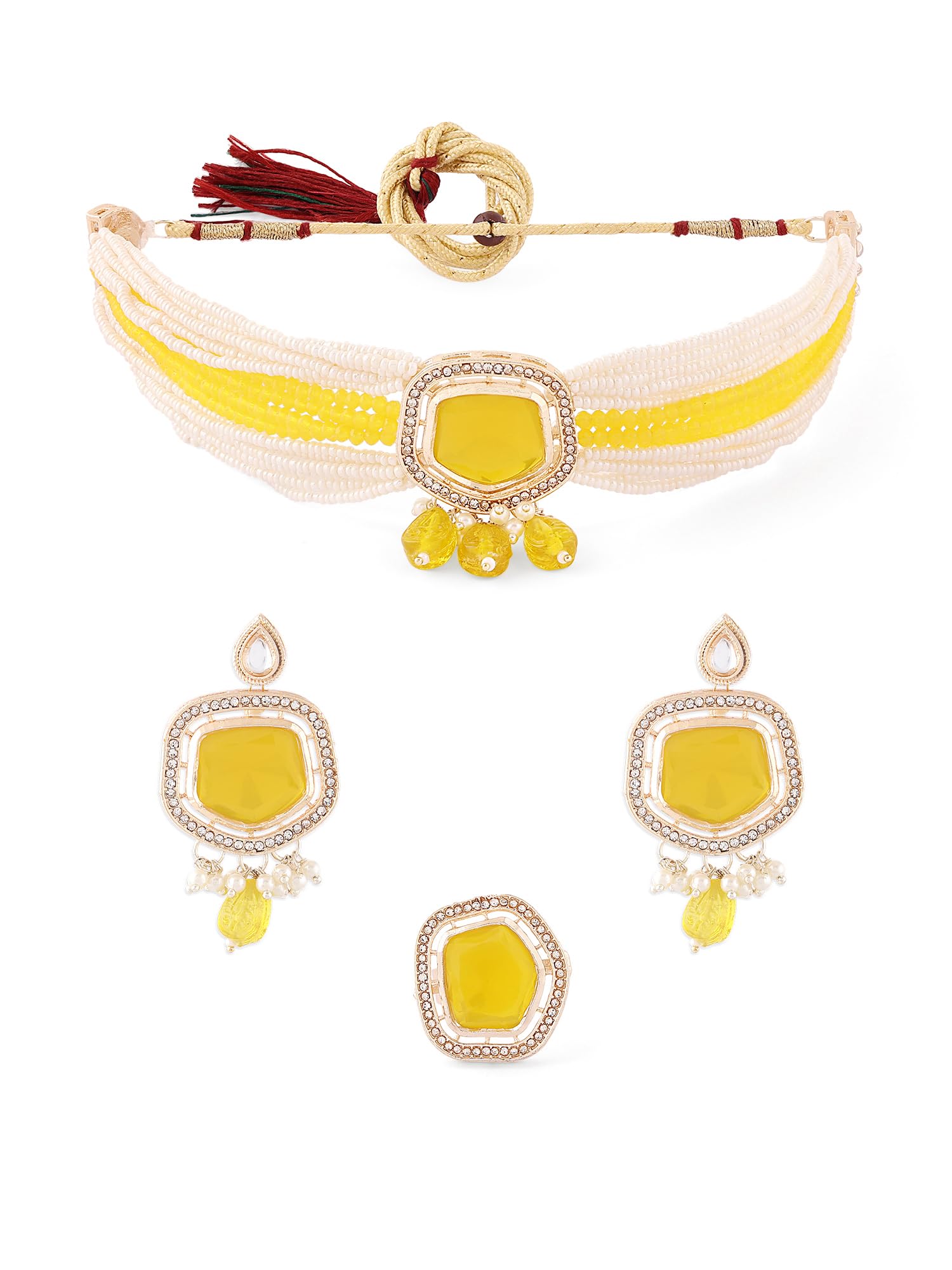 ZAVERI PEARLS Yellow Crystal Multistrand Choker Necklace Earring & Ring Set For Women -ZPFK16180 (B0C9Q6JVNW) Amazon Price History, Amazon Price Tracker