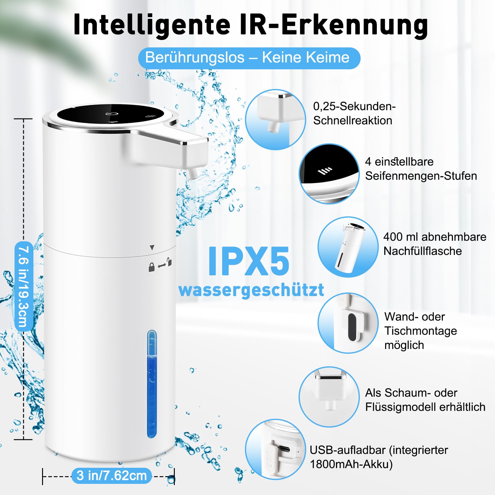 Seifenspender Automatisch,Wandbefestigung Berührungslos 400ml Elektrischer Seifenspender mit Sensor,USB Wiederaufladbar 1800-mAh-Akku für Bad,Küche,Büro (Flüssigkeit,Weiß)