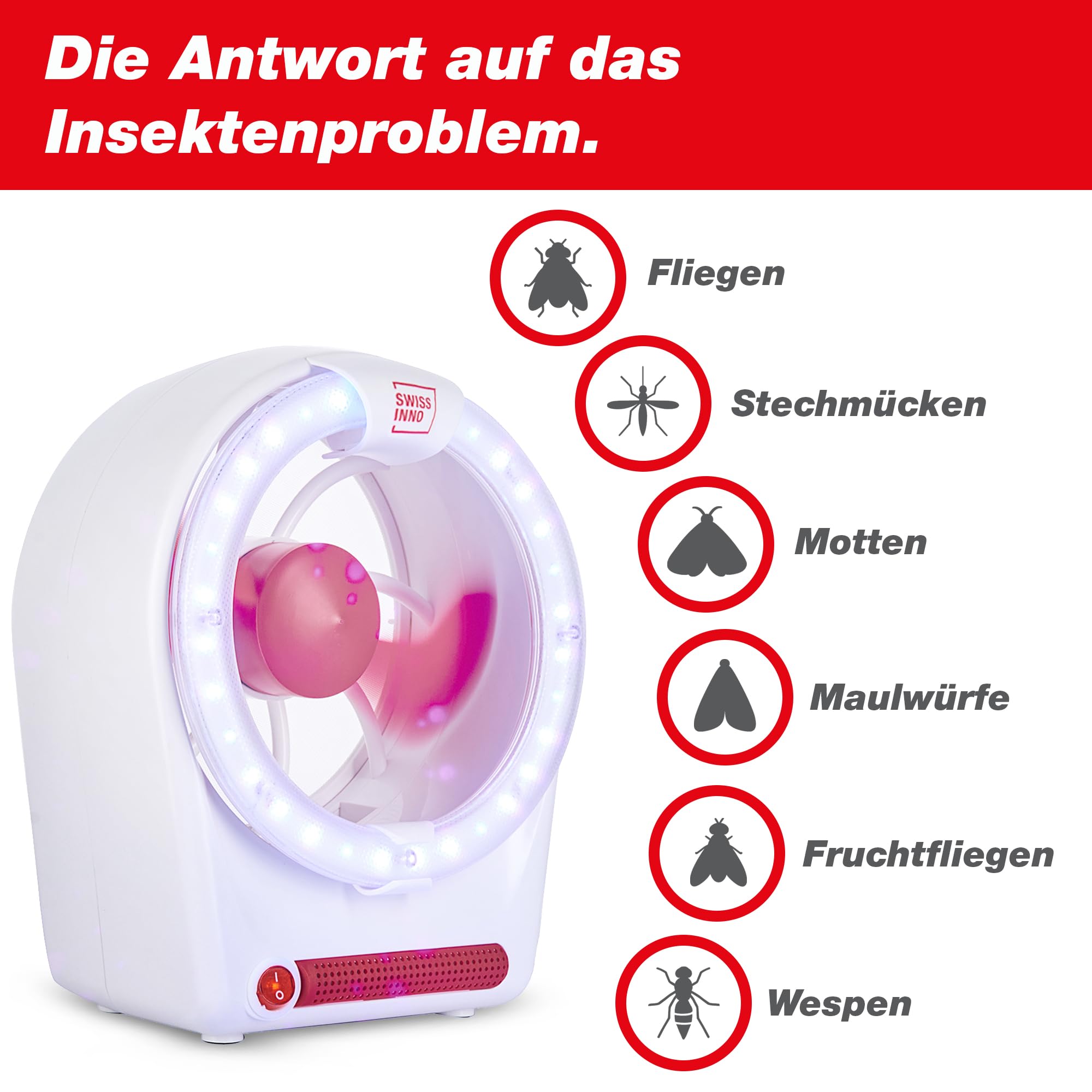 SWISSINNO Insektenvernichter - Insektenfänger 15 Watt LED - Snapy Insektenfänger - Spinnenfänger - Mückenlampe Fliegenfalle - Mückenfalle Mückenschutz - Gegen Mücken + Fliegen im Innen