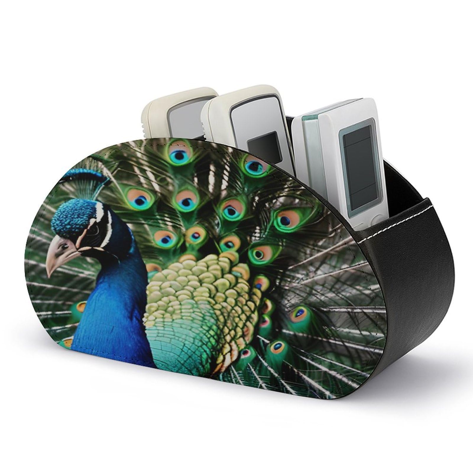 VstaDank Peacock Remote Control Holder with 5 Compartments Pu Leather TV Remote Caddy Storage Box Desktop Organizer Store Controller DVD Brush Pens Glasses&Office Supplies