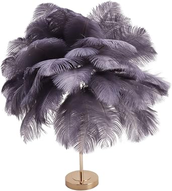 White Feather Lamp, Ostrich Feather Table Lamp, 3 Color Dimmable Touch Switch Beside Table Lamp Vintage Desk Light for Living Room Wedding Room Bedroom Grey