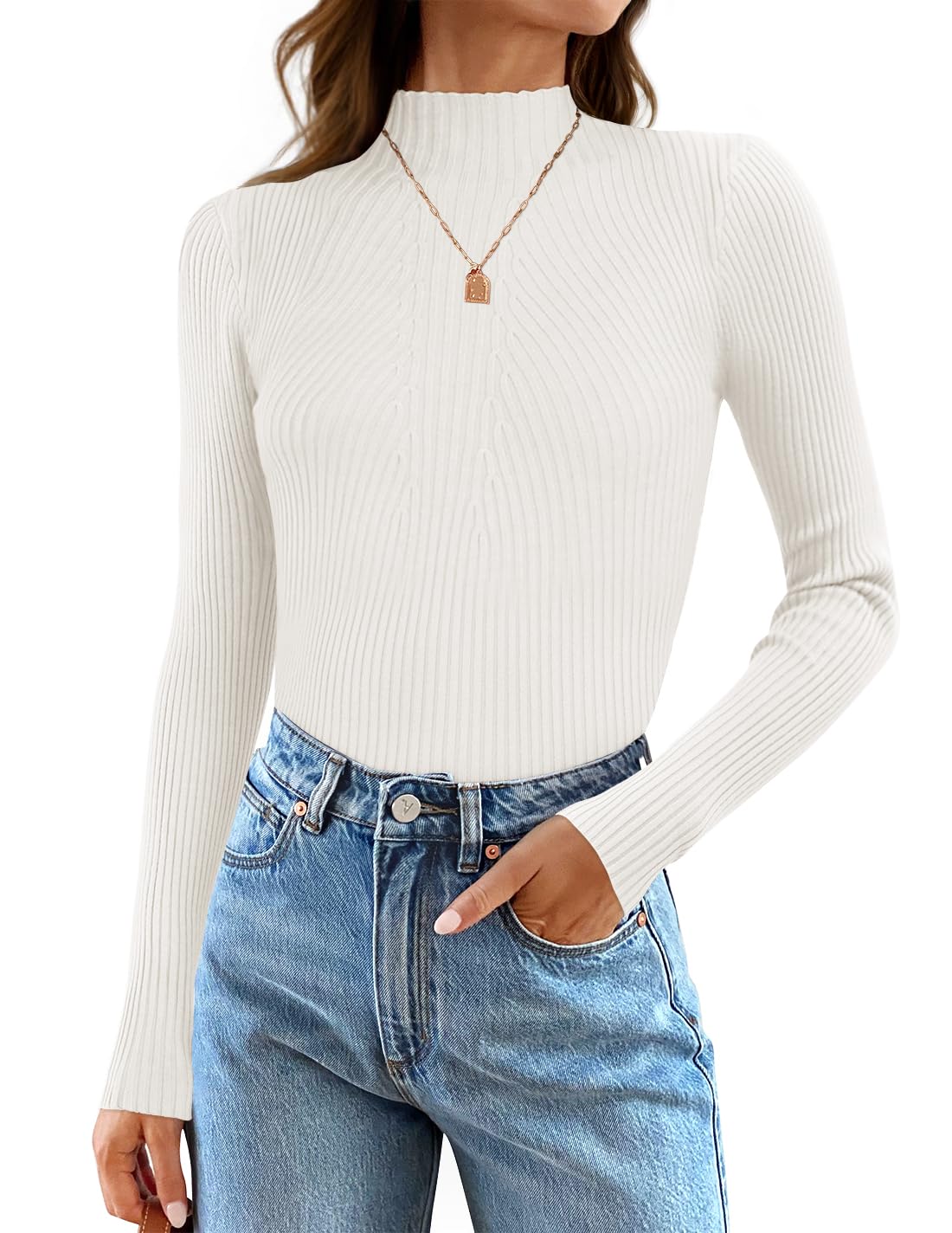 ZESICA Womens 2025 Fall Long Sleeve Turtleneck T Shirt Ribbed Knit Sweater Slim Fit Basic Casual Tee Tops