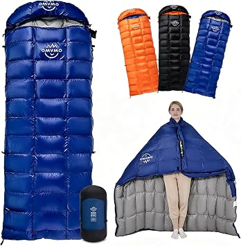 -10F 0F 10F 15F Down Sleeping Bag for Adults,800/650 Fill Power,Ultralight Wearable 4 Season Cold Weather Rectangle Sleeping Bag for Camping Hiking,Can be Used as a Down Blanket or Cloak