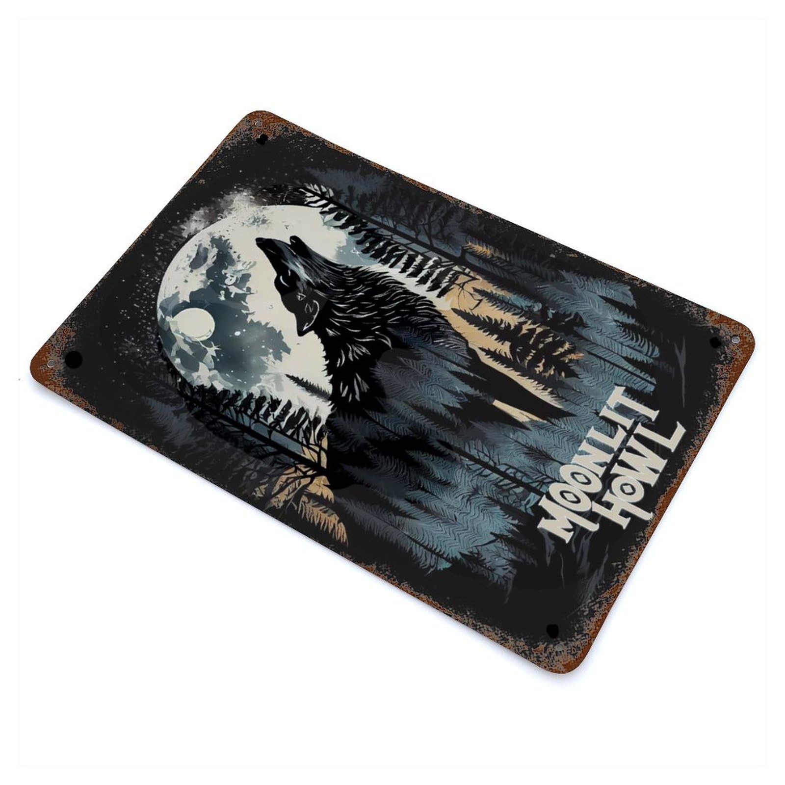 Rust Effect Moonlit Howl Wolf Vintage Rust Metal Sign 11.8"x7.9", Farmhouse Wall Decor for Farmhouse, Kitchen And Entryway Decor