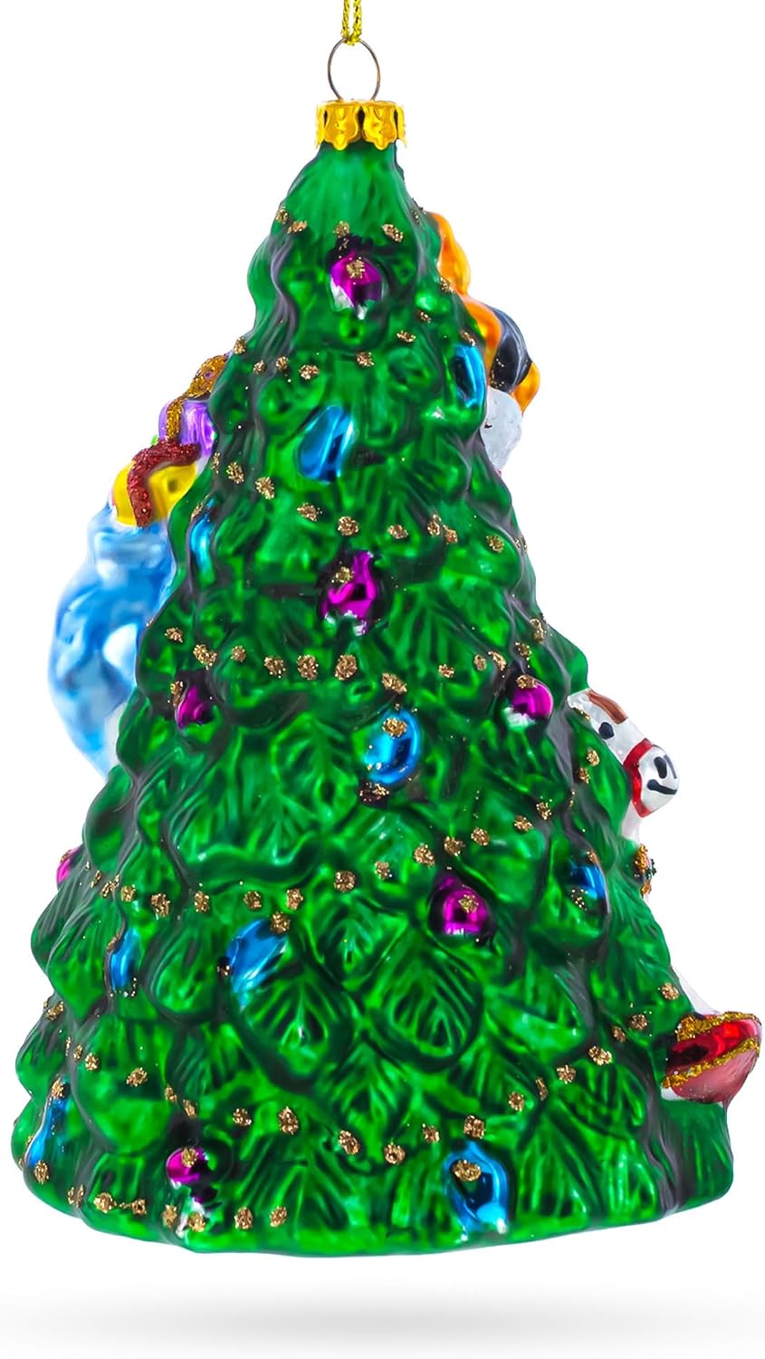 Santa with Christmas Tree and Gifts Glass Ornament