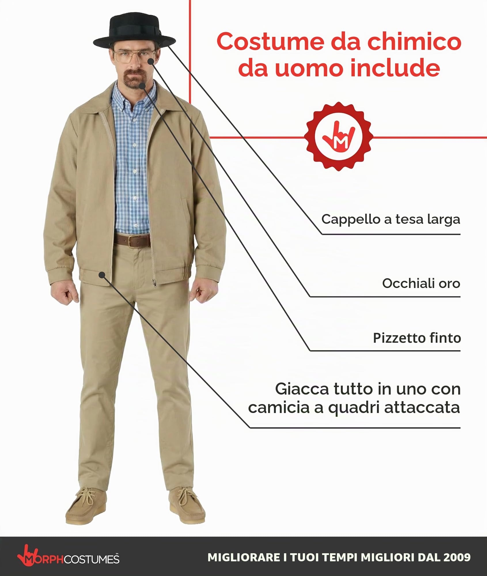 Morph Costume Chimico Televisivo Per Uomo, Cappotto Con Cappello, Pizzetto E Occhiali Costume Carnevale Uomo