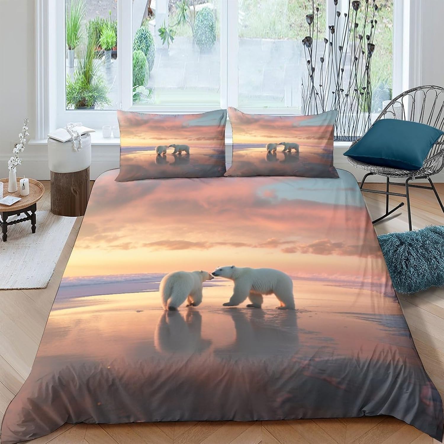 Housse de couette 260x240 ours polaire parure lit 2 personnes en microfibre
