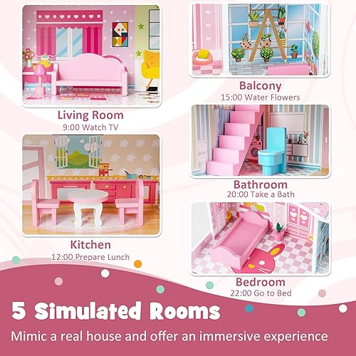 Miniatura 2 de HONEY JOY Casa de muñecas rosa, casa de muñecas de ensueño de madera de 3 pisos con escaleras y balcón, 10 piezas de accesorios de juego y muebles