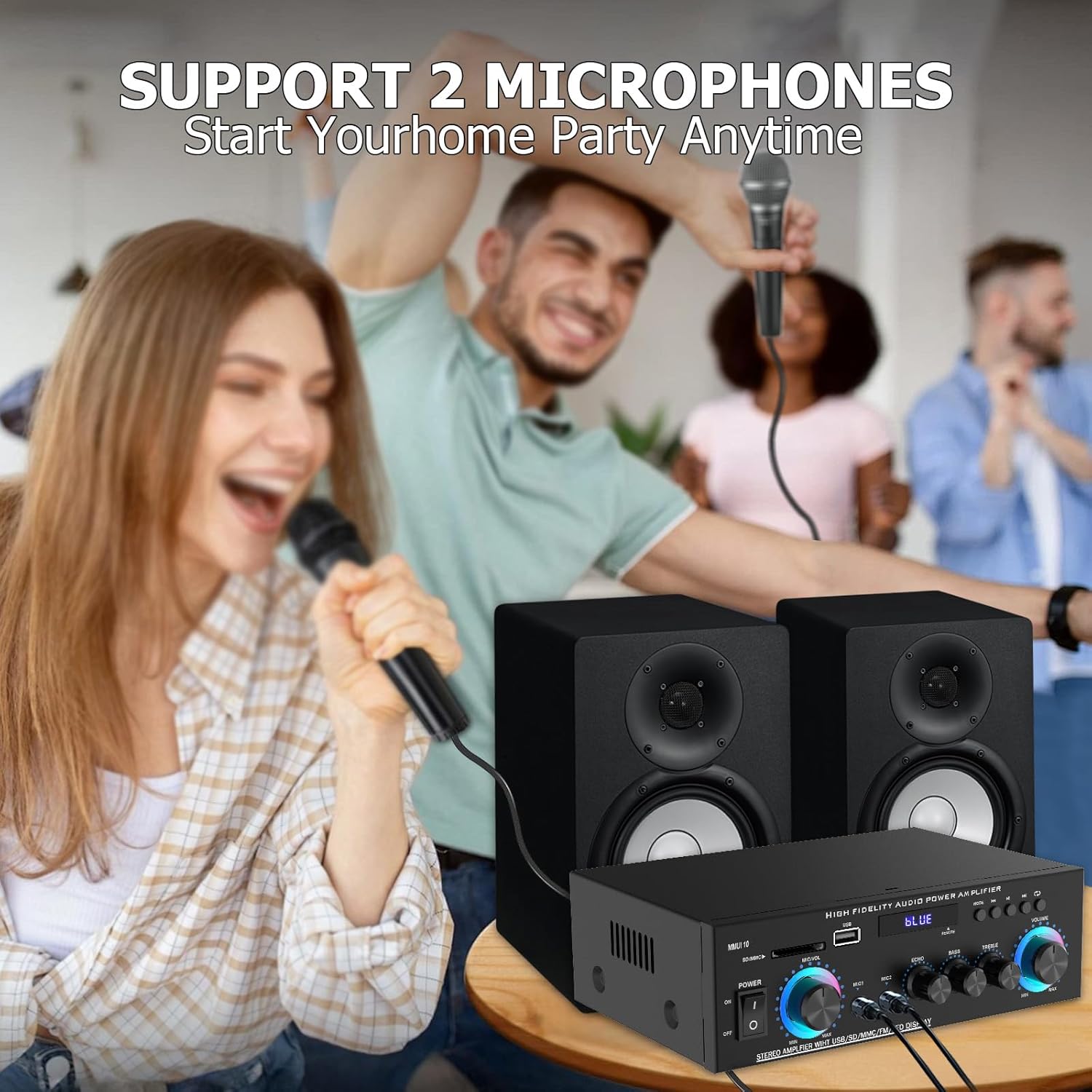 Stereo Audio Amplifier, Max 300W, 2 Channel Stereo Receiver,Wireless Bluetooth 5.0 Power Amplifier System for Home Theater Speakers, Karaoke,Garage,Home Amp with USB,SD,RCA,2 MIC in - Image 5