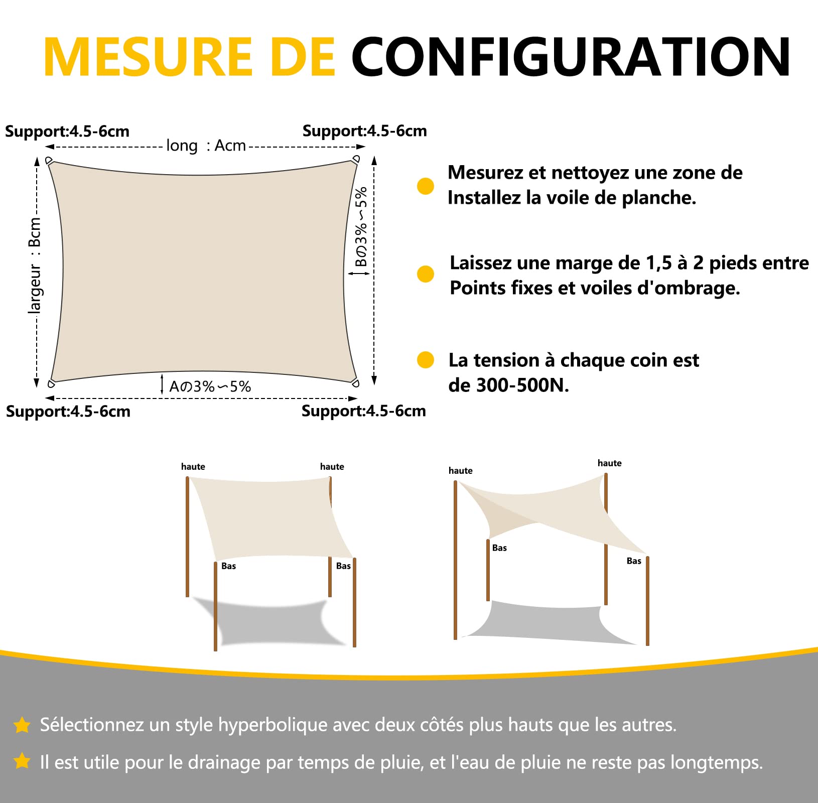 Voile d Ombrage Rectangulaire 4x8m Beige， Toile d'Ombrage Résistant à la Pluie Anti 90% UV Contre Le Vent Résistant, Toile d'Ombrage pour Pelouse Balcon Plage