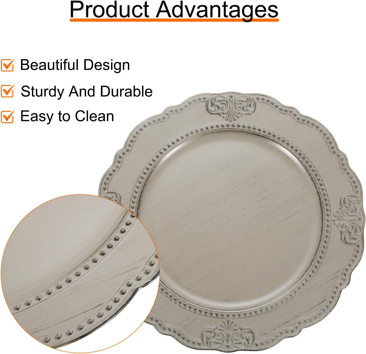 uxcell 10pcs Vintage Charger Plates Bulk, 13 Inch Plastic Beaded Decorative Chargers for Dinner Plates Set Round Plate Charger for Wedding Party Event Table Setting Decoration, Grey