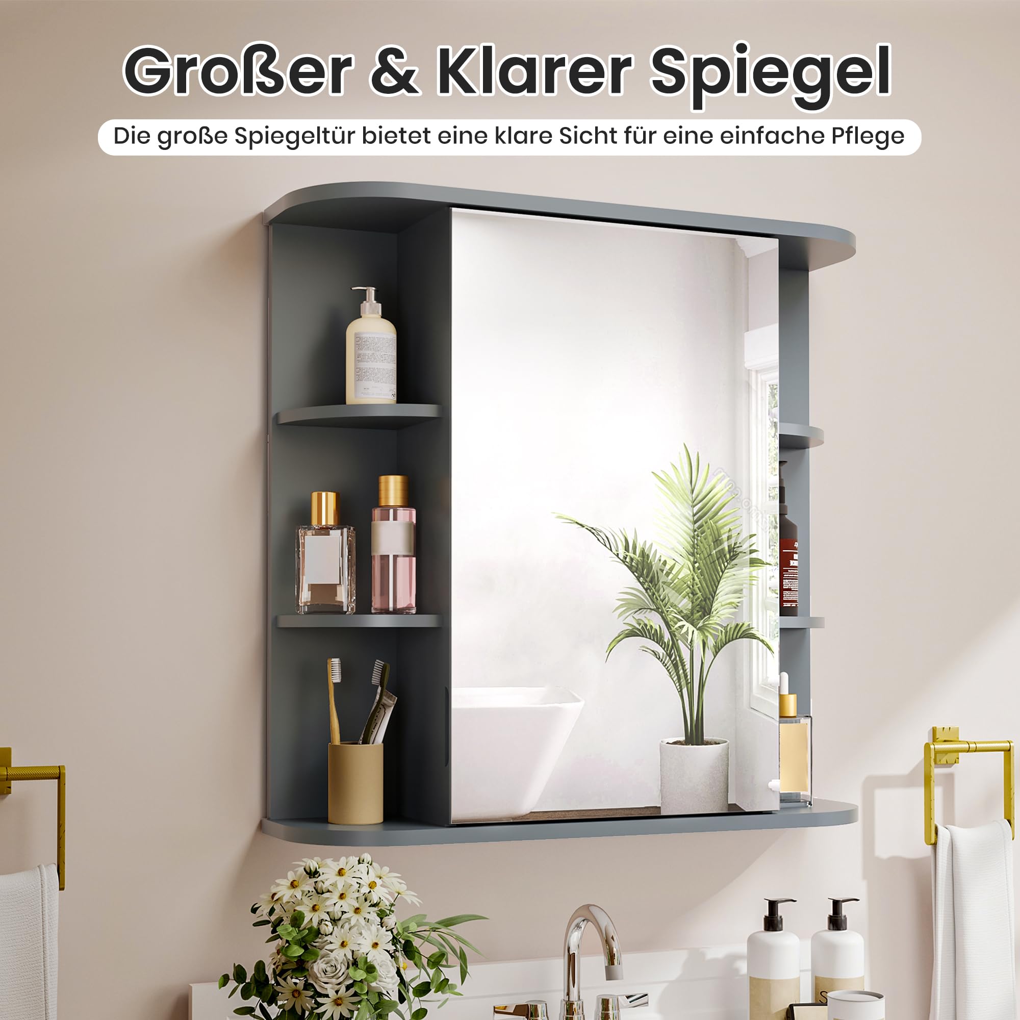 Pamapic Spiegelschränke fürs Bad, Badezimmerschrank mit Spiegel, Hängeschrank Badezimmer mit verstellbaren Ablagen, Schrank mit Badezimmerspiegel, Wandschrank,67,5 x 60 cm, Grau