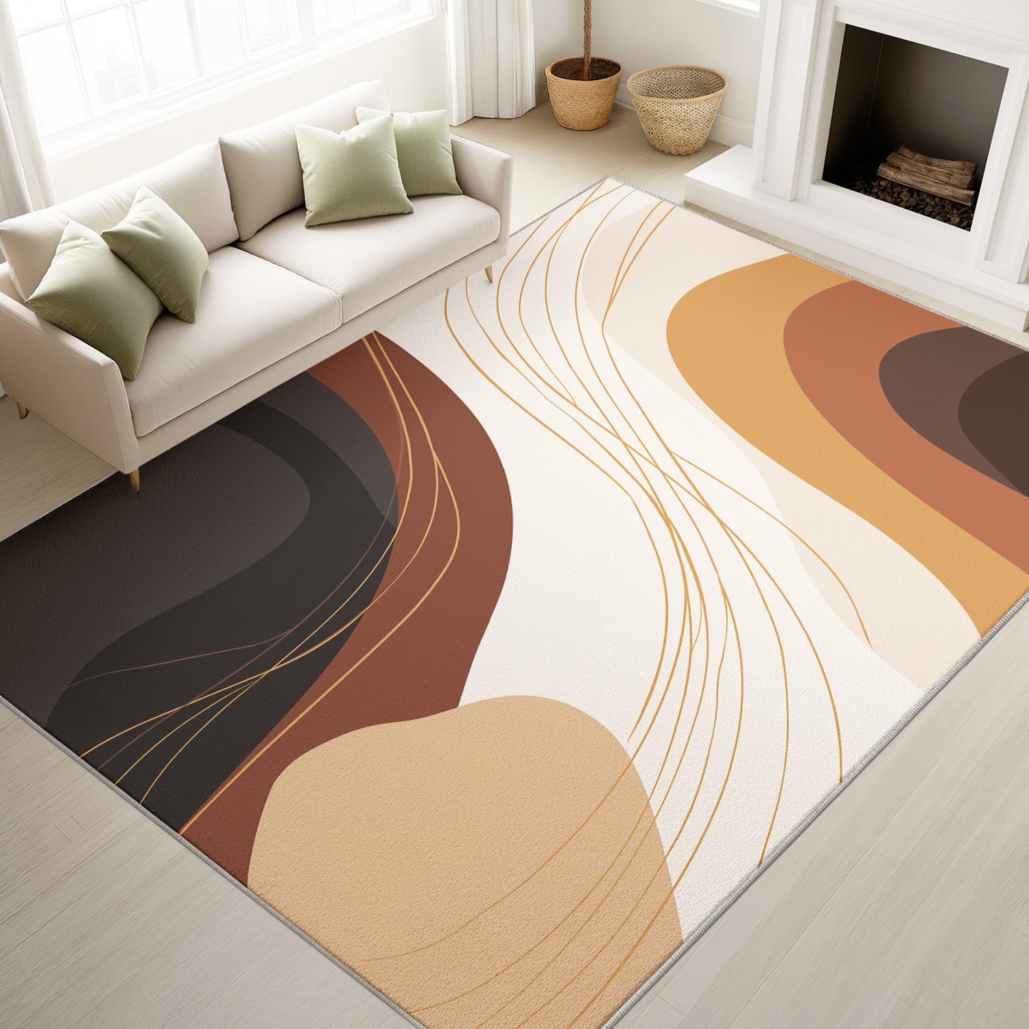 Générique Tapis Lavable Machine Salon 120 x 160 cm Tapis Abstrait Bohème Poil Bas Doux Antidérapant Chaleureux Motif Ondulé Courbe Bloc Couleur Chambre Cuisine Entrée Salle Détente Décoration Maison