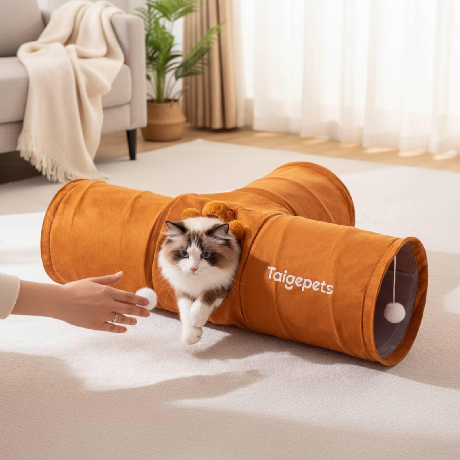 Tunnel pour Chat Tunnel de Jeu Tunnel Interactif Tunnel Pliable Doublure Confort Style Suédine Structure Stable Se Plie Rapidement Stimule Rampement, Marron, Petit 80cm