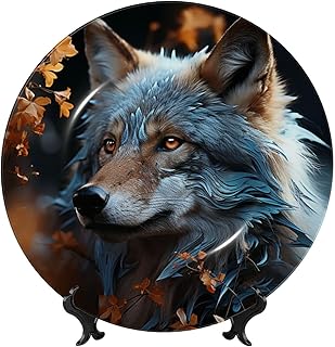 Bone China Decorative Plate Art Crafts Ceramic Decorative Plate With Display Stand Ceramic Ornament Autumn leaves and a wolf Round Dinner Plates Wall Hanging for Home Office Wall Decor 8in
