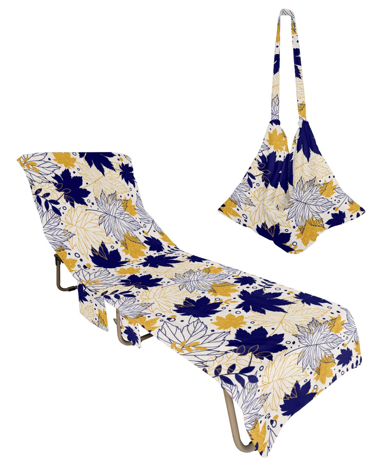 Fall Leaves Beach Chair Towel Covers for Chaise Lounge with Side Pocket, Soft Plush Pool Towels Cover for Patio Sunbathing Outdoor 29''x85'' Navy Blue Yellow Modern Abstract Geometric Leaf