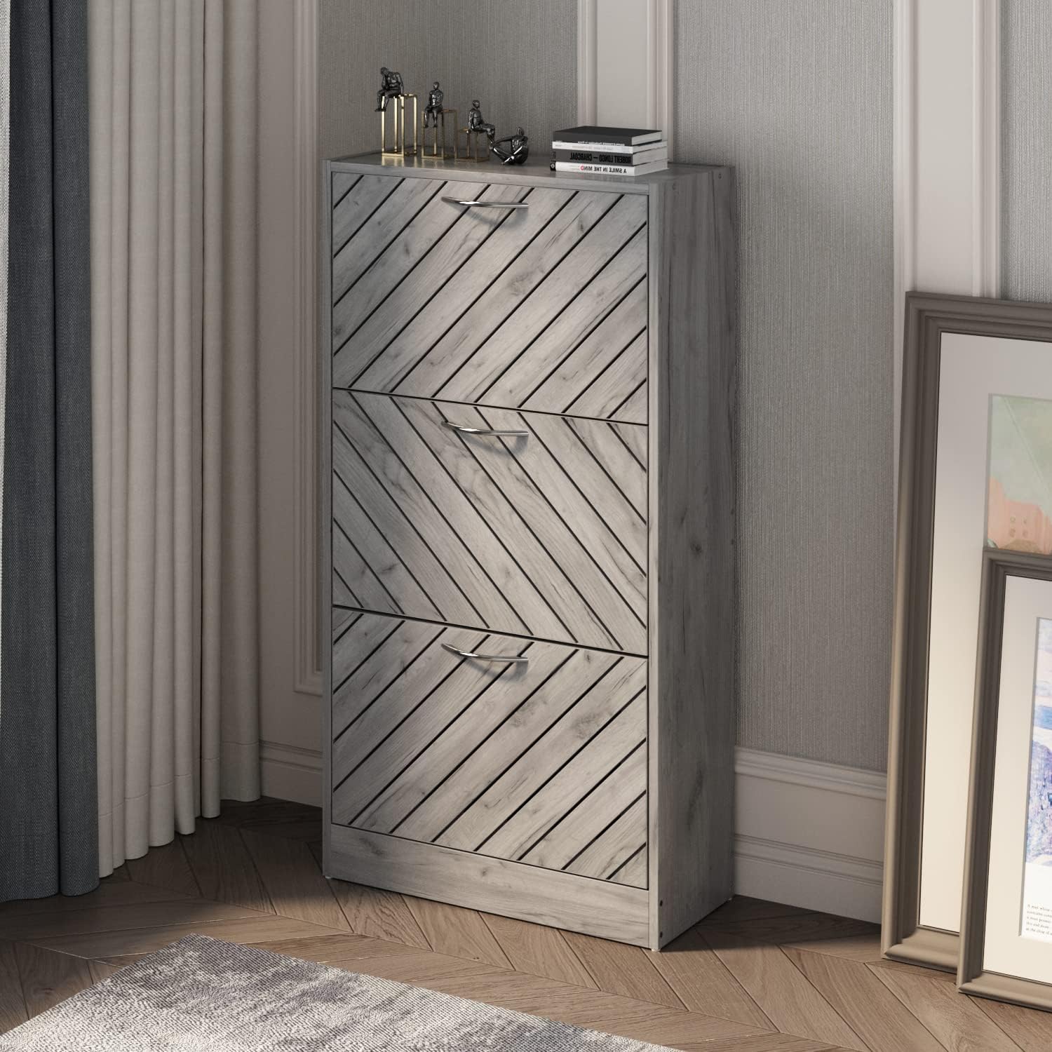 Hitow Shoe Storage Cabinet, Narrow Shoe Cabinet with 3 Drawers & Shutter Doors, Small Space Entryway Freestanding Shoe Rack with Adjustable Shelf, Natrual (22.4" W x 9.4" D x 42.3" H)