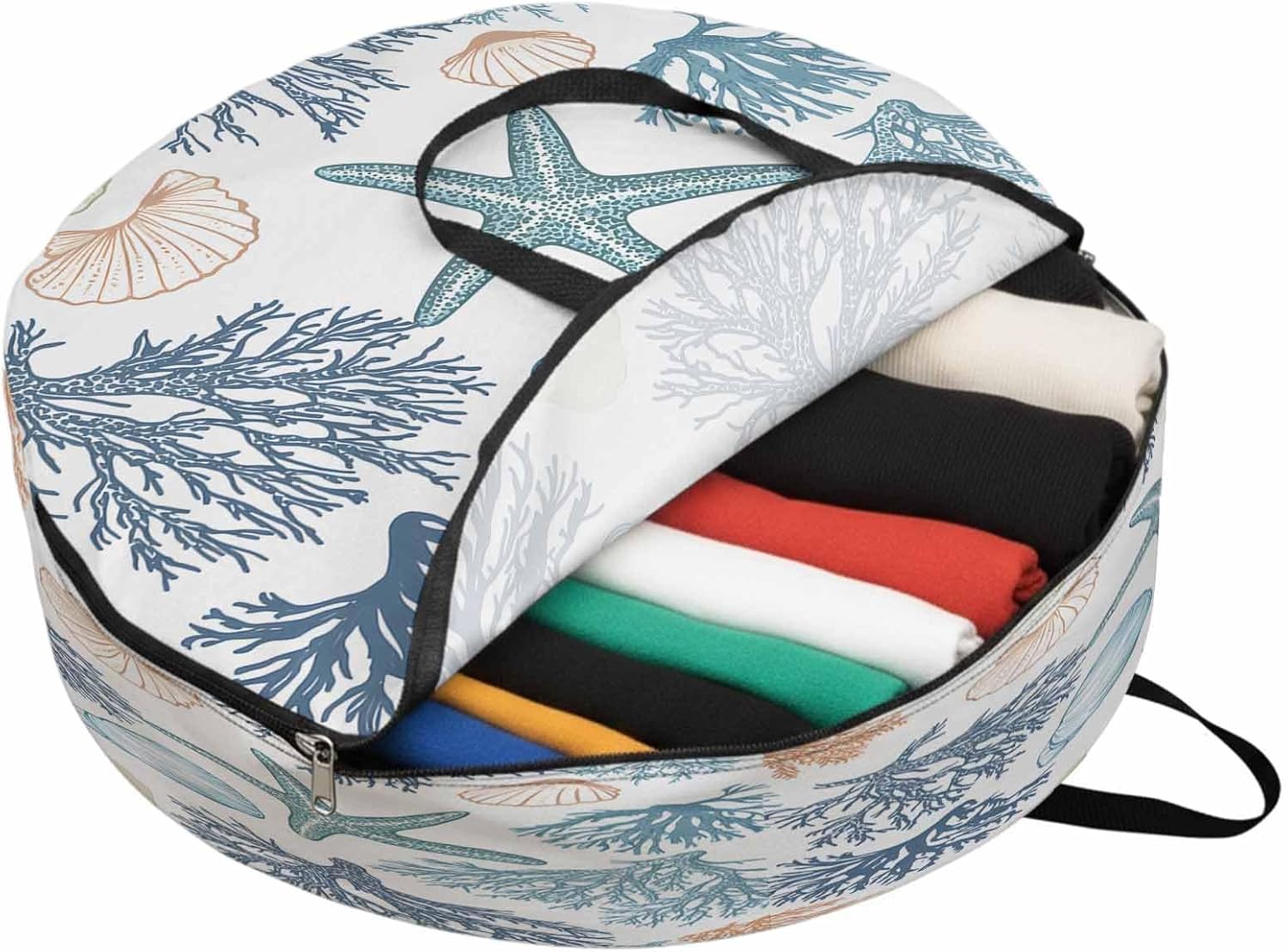 Summer Marine Life Round Storage Bag 36 Inch, Ocean Starfish Coral Art Lines Clothes Storage Container with Handles Heavy Duty Organizer for Comforter, Bedding & Holiday Wreaths
