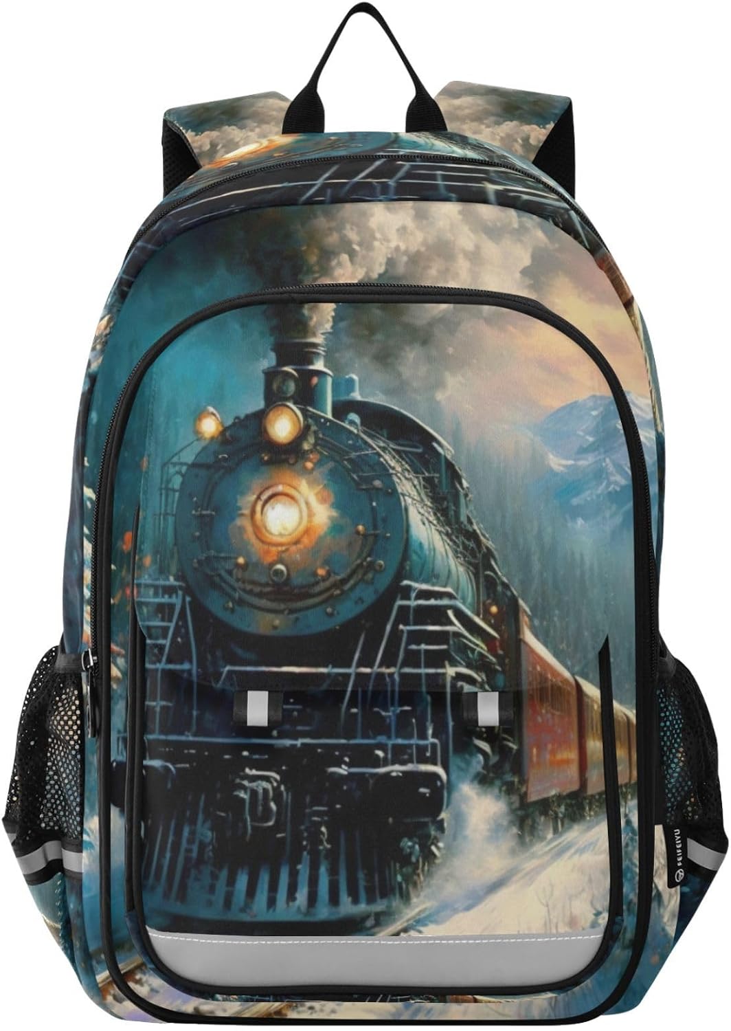 Vintage Winter Train Kids School Backpack for Girls Boys, Travel Backpacks with Reflective Strips Multiple Pockets for School Hiking Summer Camp 17.7 inches