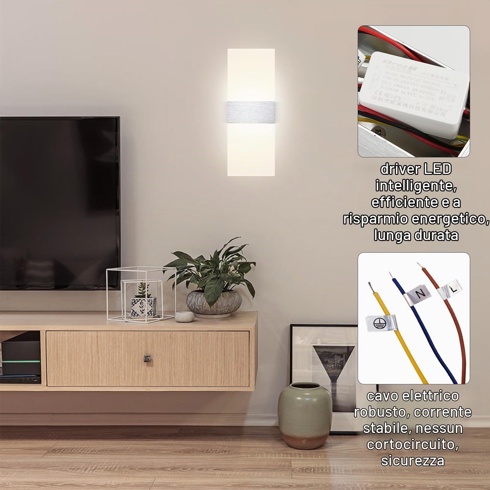 2 Pezzi Applique da Parete Interno LED 12W 4000K, Bianco Neutro | Moderno Lampada da Parete Interno, 1200 Lumen, Acrilico 1,5 cm, per Camera da Letto Corridoio Soggiorno Scala
