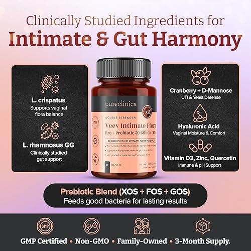 Miniatura 3 de Veev Flora íntima - Soporte para microbioma vaginal e intestinal - 50 mil millones de UFC - Probióticos, prebióticos, arándano, D-manosa, ácido