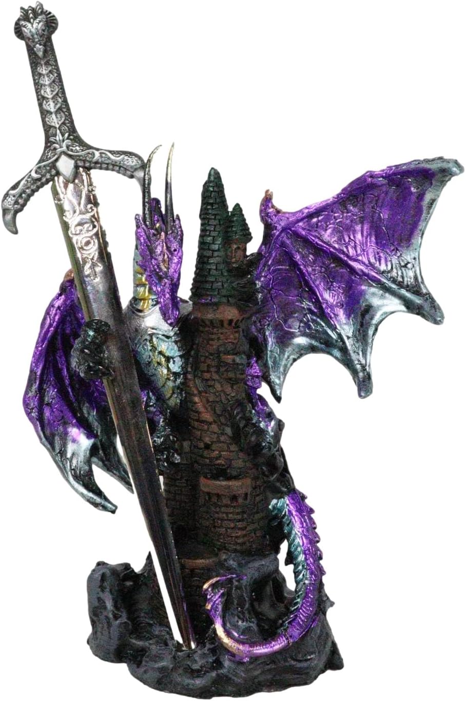 Ebros Gift Legendary Pacific Purple Metallic Armored Knight Dragon Holding Castle Tower and Gothic Sword Letter Opener Figurine Home Office Decorative Sculpture Medieval Dungeons Dragons Fantasy